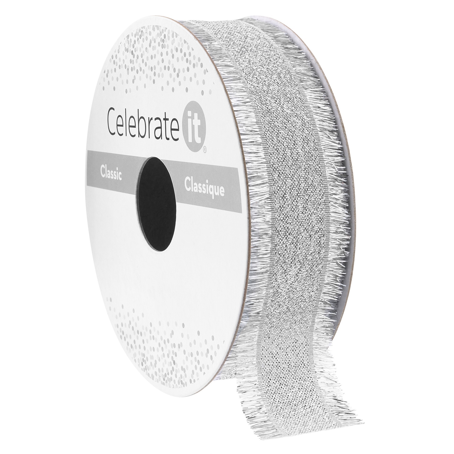 slide 2 of 3, 7/8" X 5yd. Silver Metallic Fringe Ribbon By Celebrate It Classic, 7/8 in x 5 yd