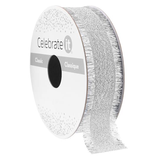 slide 1 of 3, 7/8" X 5yd. Silver Metallic Fringe Ribbon By Celebrate It Classic, 7/8 in x 5 yd