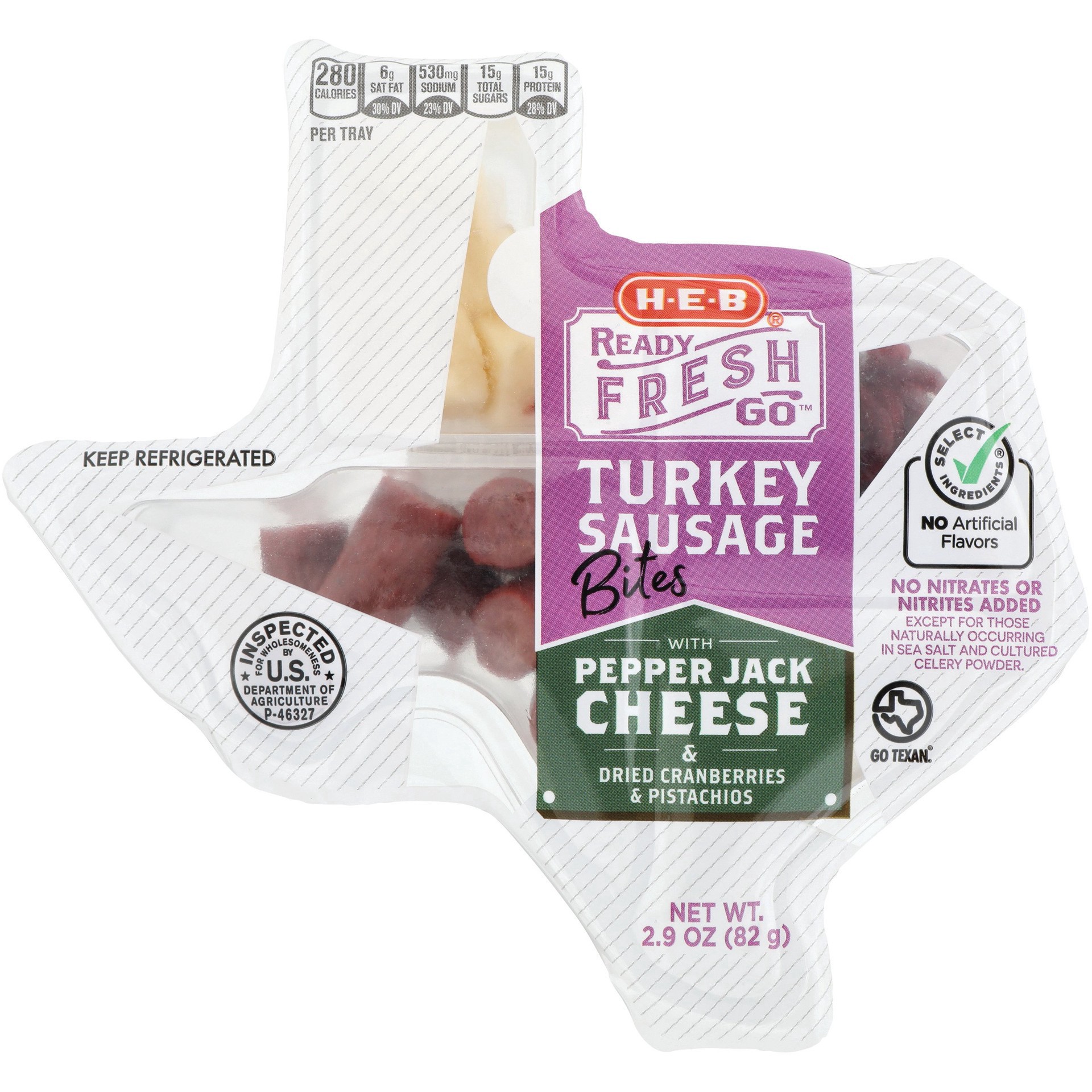 slide 1 of 1, H-E-B Ready Fresh Go Snack Tray - Turkey Sausage Bites & Pepper Jack Cheese, 2.95 oz