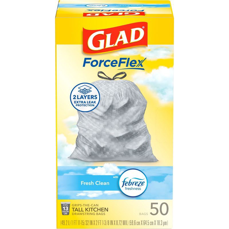 slide 2 of 16, Glad Tall Kitchen Drawstring Trash Bags OdorShield - Febreze Fresh Clean - Gray - 50ct/13gal, 50 ct, 13 gal