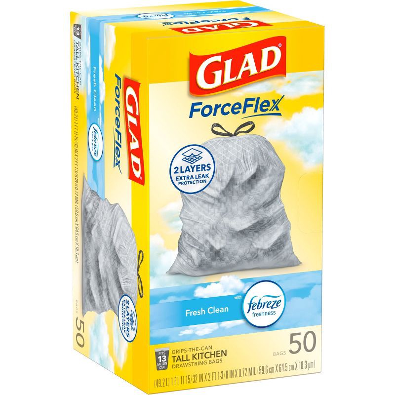 slide 10 of 16, Glad Tall Kitchen Drawstring Trash Bags OdorShield - Febreze Fresh Clean - Gray - 50ct/13gal, 50 ct, 13 gal
