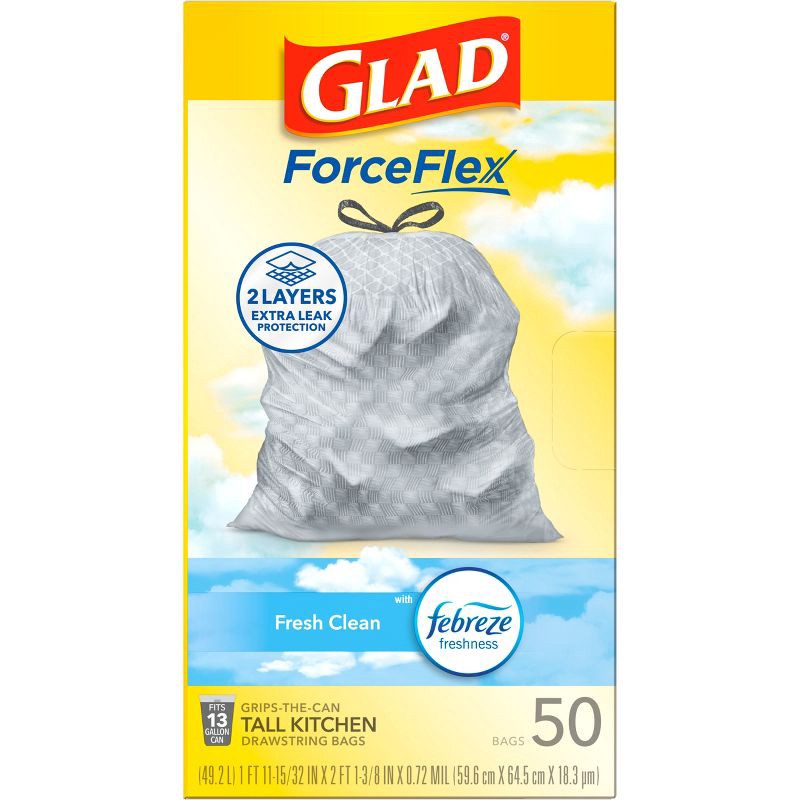 slide 11 of 16, Glad Tall Kitchen Drawstring Trash Bags OdorShield - Febreze Fresh Clean - Gray - 50ct/13gal, 50 ct, 13 gal
