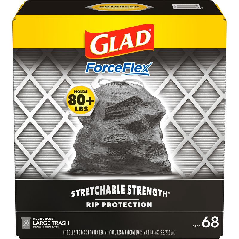 slide 2 of 17, Glad ForceFlex + Large Drawstring Black Trash Bags - 30 Gallon - 68ct, 30 gal, 68 ct