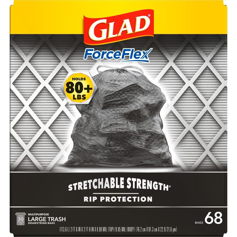 slide 12 of 17, Glad ForceFlex + Large Drawstring Black Trash Bags - 30 Gallon - 68ct, 30 gal, 68 ct