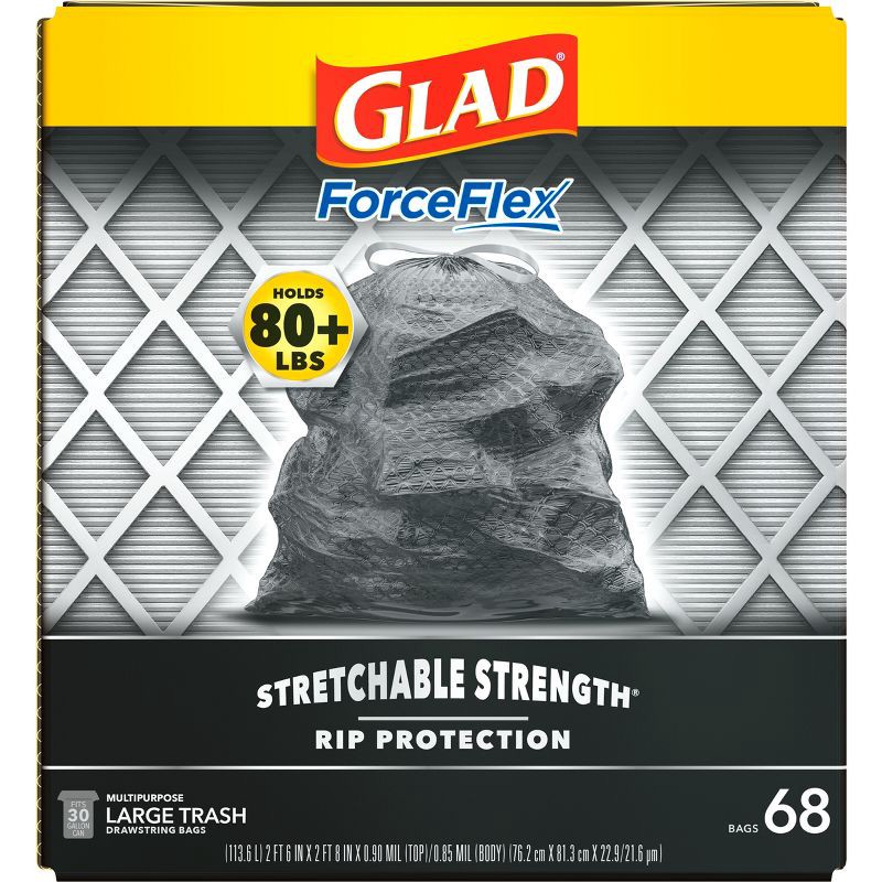 slide 13 of 17, Glad ForceFlex + Large Drawstring Black Trash Bags - 30 Gallon - 68ct, 30 gal, 68 ct