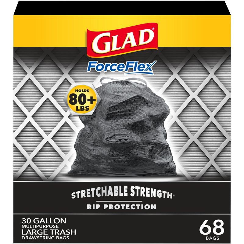 slide 1 of 17, Glad ForceFlex + Large Drawstring Black Trash Bags - 30 Gallon - 68ct, 30 gal, 68 ct