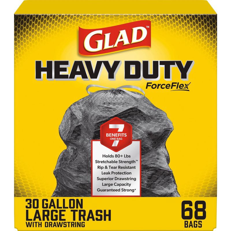 slide 1 of 12, Glad ForceFlex + Large Drawstring Black Trash Bags - 30gal/68ct, 30 gal, 68 ct