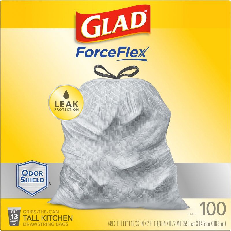 slide 5 of 10, Glad ForceFlexPlus Tall Kitchen Drawstring Trash Bags - 13 Gallon White Trash Bag - OdorShield - 100ct, 13 gal, 100 ct