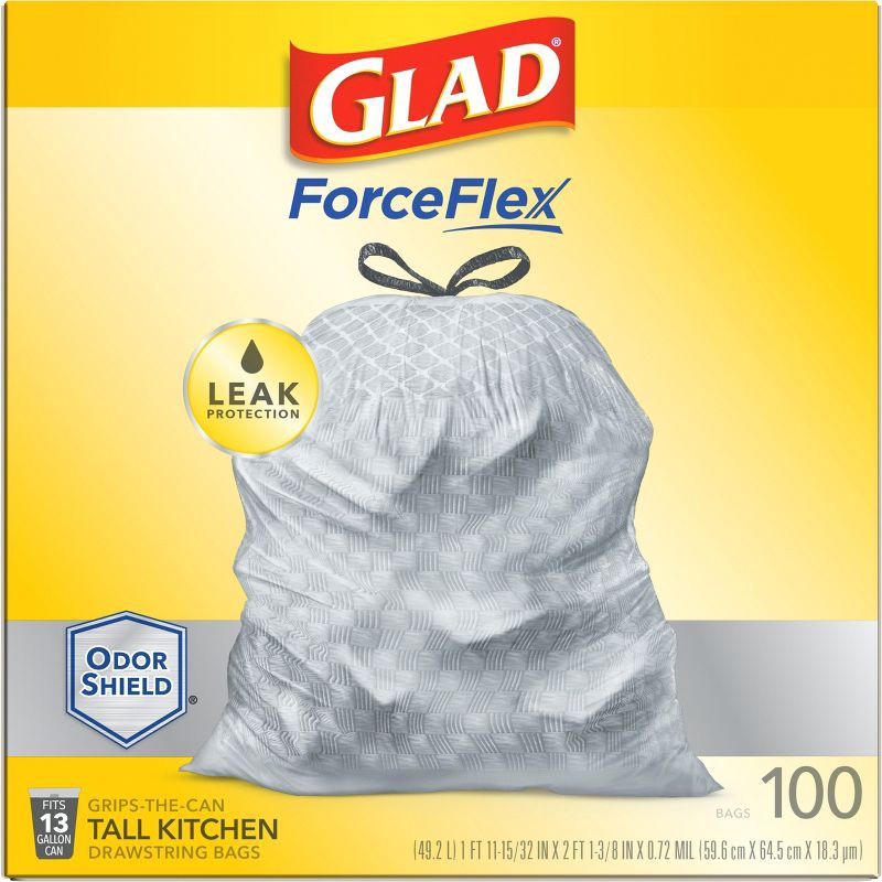 slide 6 of 10, Glad ForceFlexPlus Tall Kitchen Drawstring Trash Bags - 13 Gallon White Trash Bag - OdorShield - 100ct, 13 gal, 100 ct