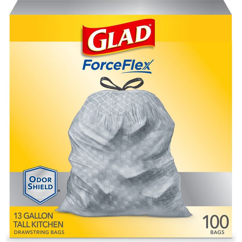 slide 1 of 10, Glad ForceFlexPlus Tall Kitchen Drawstring Trash Bags - 13 Gallon White Trash Bag - OdorShield - 100ct, 13 gal, 100 ct