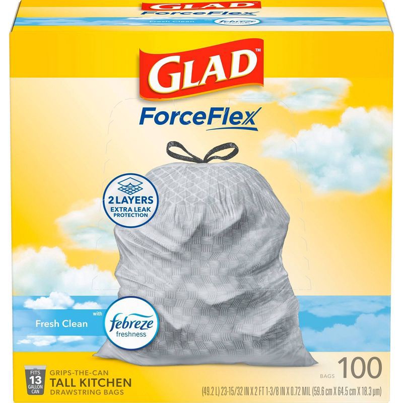 slide 2 of 9, Glad Tall Kitchen Drawstring Trash Bags OdorShield 13gal - Febreze Fresh Clean - Gray - 100ct, 13 gal, 100 ct