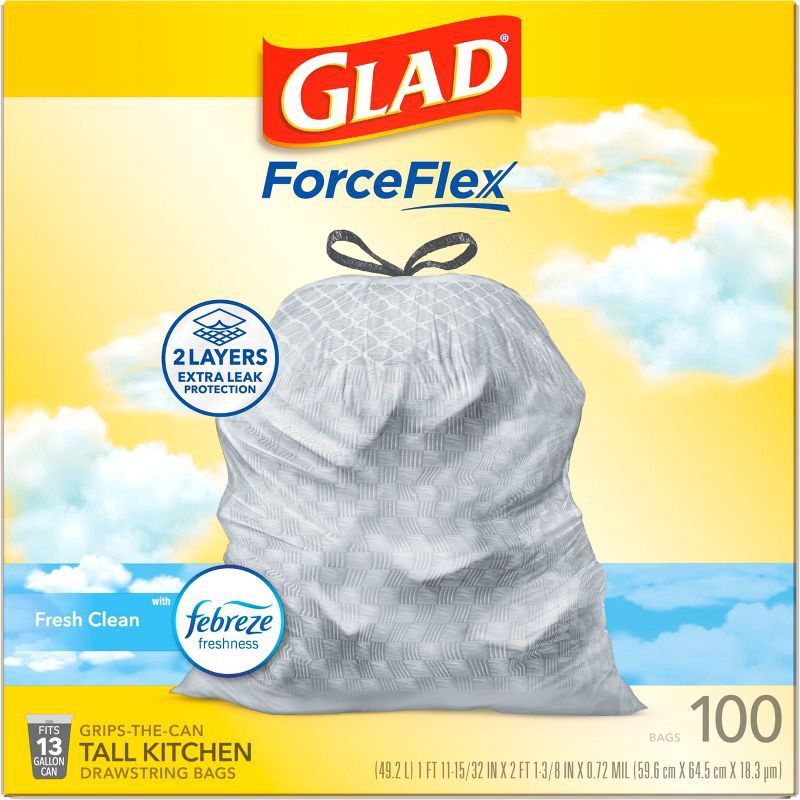 slide 12 of 17, Glad Tall Kitchen Drawstring Trash Bags OdorShield 13 Gallon - Febreze Fresh Clean - Gray - 100ct, 13 gal, 100 ct