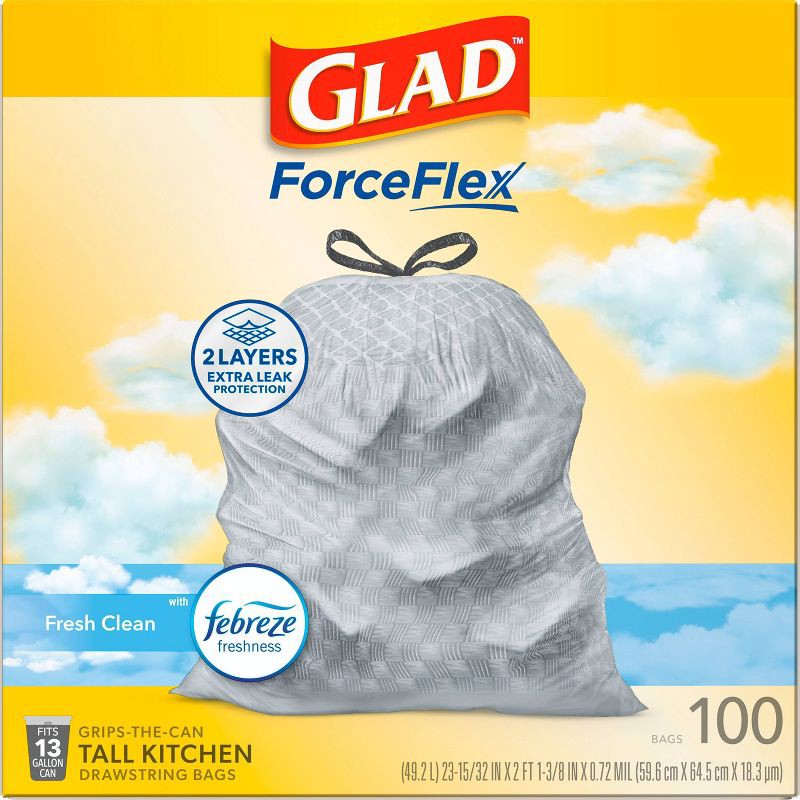 slide 12 of 12, Glad Tall Kitchen Drawstring Trash Bags OdorShield 13gal - Febreze Fresh Clean - Gray - 100ct, 13 gal, 100 ct
