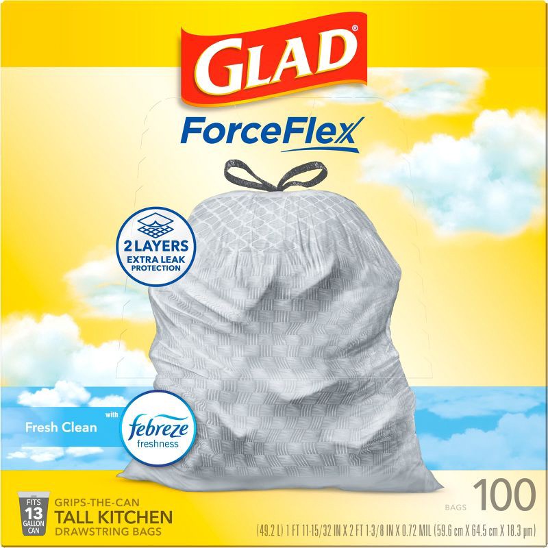 slide 11 of 17, Glad Tall Kitchen Drawstring Trash Bags OdorShield 13 Gallon - Febreze Fresh Clean - Gray - 100ct, 13 gal, 100 ct