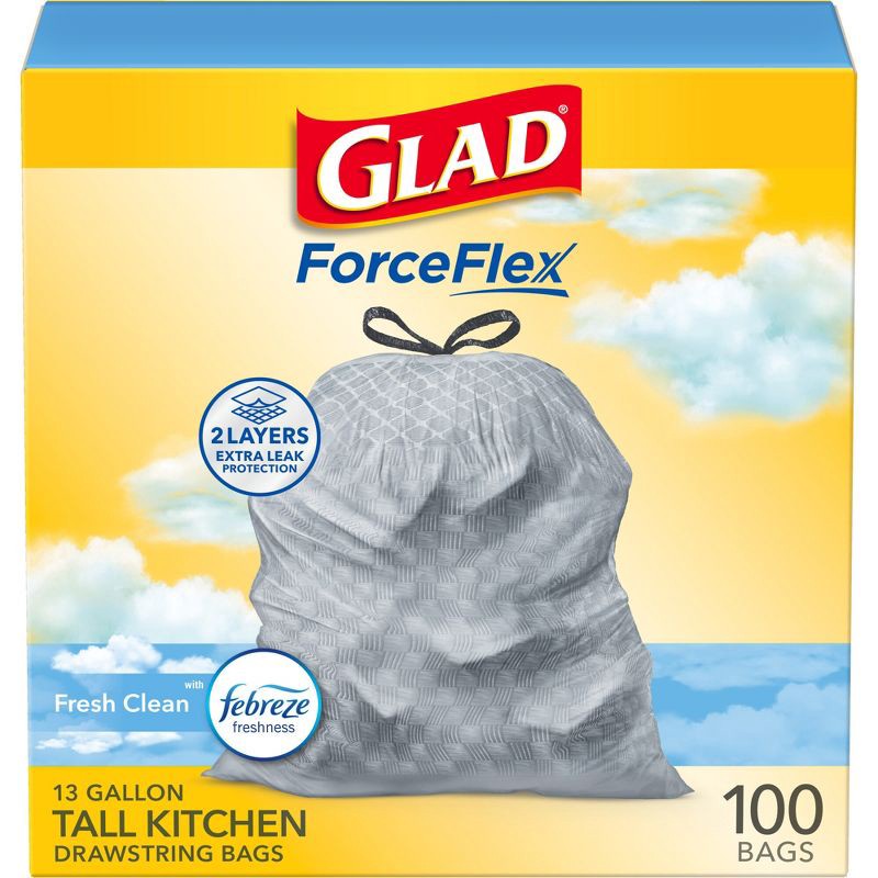 slide 1 of 17, Glad Tall Kitchen Drawstring Trash Bags OdorShield 13 Gallon - Febreze Fresh Clean - Gray - 100ct, 13 gal, 100 ct