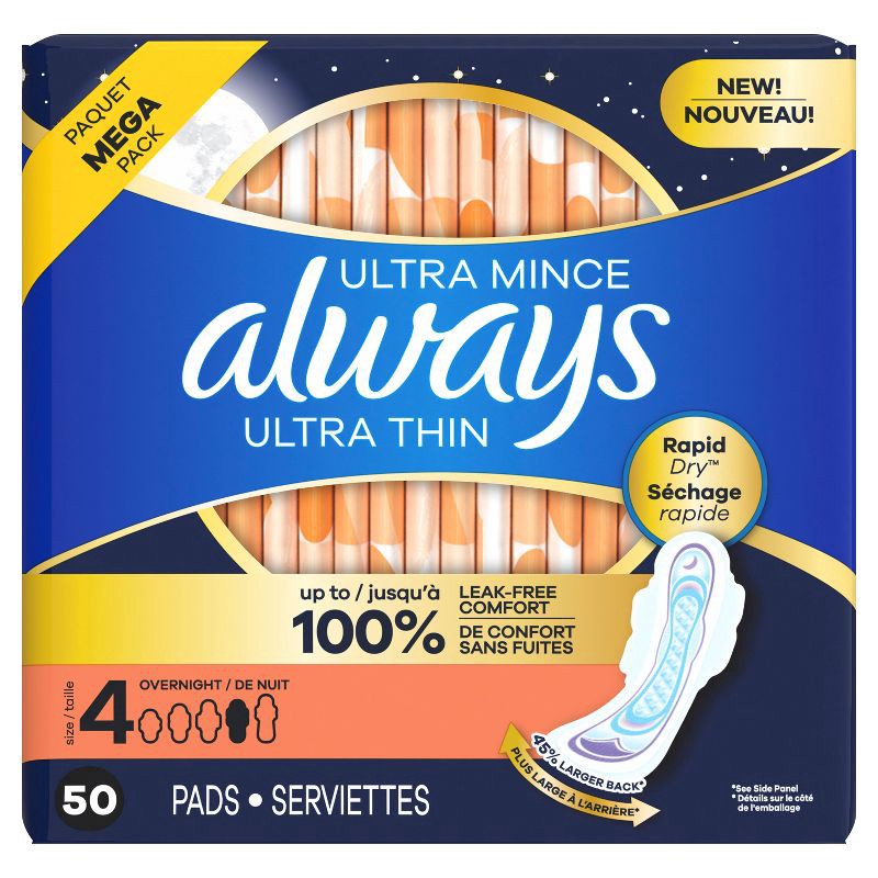 slide 2 of 10, Always Ultra Thin Overnight Absorbency Unscented Pads with Wings - Size 4 - 50ct, 4 x 50 ct