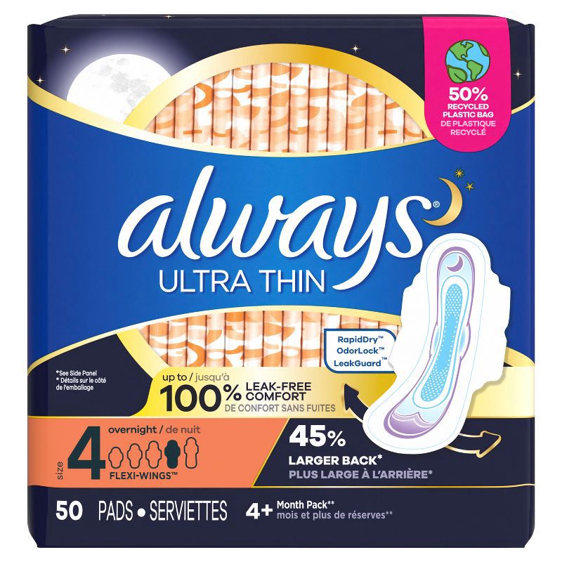 slide 2 of 9, Always Ultra Thin Overnight Absorbency Unscented Pads with Wings - Size 4 - 50ct, 50 ct