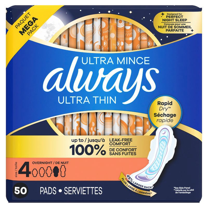 slide 10 of 14, Always Ultra Thin Overnight Absorbency Unscented Pads with Wings - Size 4 - 50ct, 4 x 50 ct