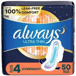Always Ultra Thin Overnight Absorbency Unscented Pads with Wings - Size 4 - 50ct
