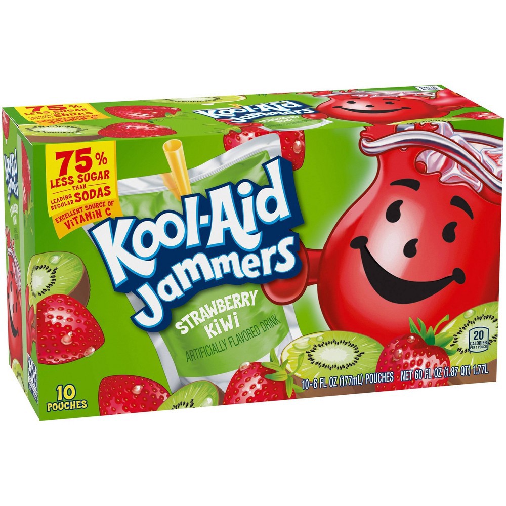 slide 4 of 11, Kool-Aid Jammers Strawberry Kiwi Flavored 0% Juice Drink, 10 ct Box, 6 fl oz Pouches, 10 ct; 6 fl oz