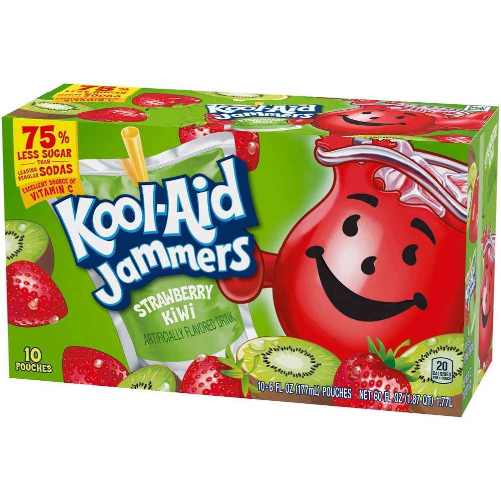 slide 6 of 11, Kool-Aid Jammers Strawberry Kiwi Flavored 0% Juice Drink, 10 ct Box, 6 fl oz Pouches, 10 ct; 6 fl oz