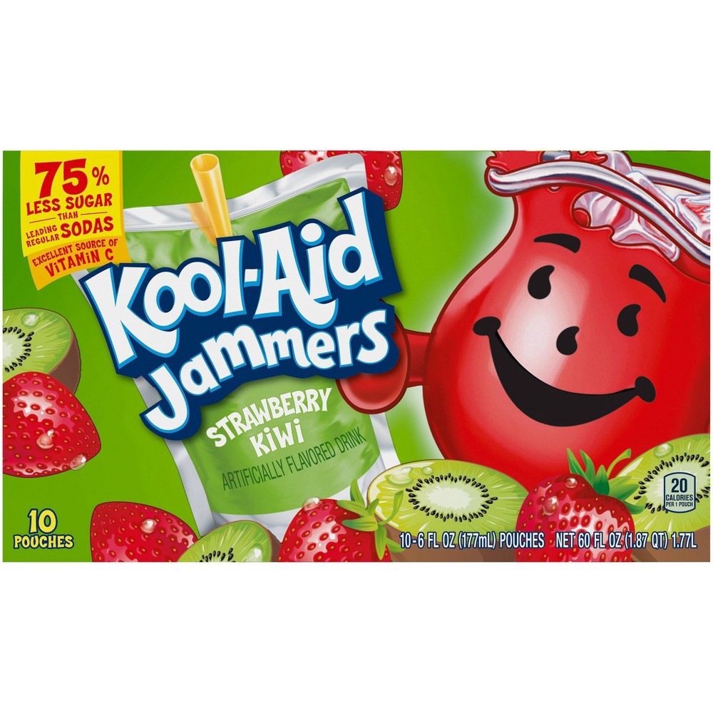 slide 11 of 11, Kool-Aid Jammers Strawberry Kiwi Flavored 0% Juice Drink, 10 ct Box, 6 fl oz Pouches, 10 ct; 6 fl oz