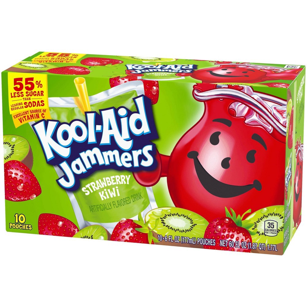 slide 9 of 11, Kool-Aid Jammers Strawberry Kiwi Flavored 0% Juice Drink, 10 ct Box, 6 fl oz Pouches, 10 ct; 6 fl oz