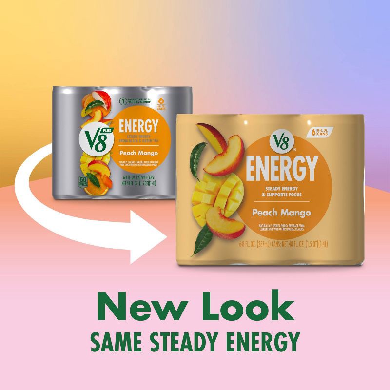 slide 2 of 9, V8 Juice V8 +ENERGY Peach Mango Energy Drink - 6pk/8 fl oz Cans, 6 ct; 8 fl oz