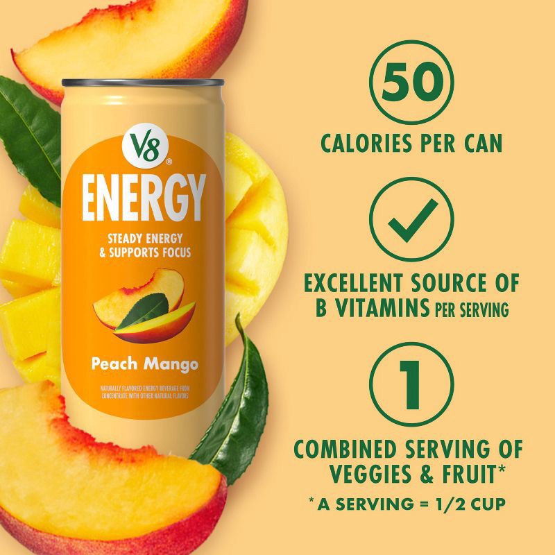 slide 5 of 9, V8 Juice V8 +ENERGY Peach Mango Energy Drink - 6pk/8 fl oz Cans, 6 ct; 8 fl oz