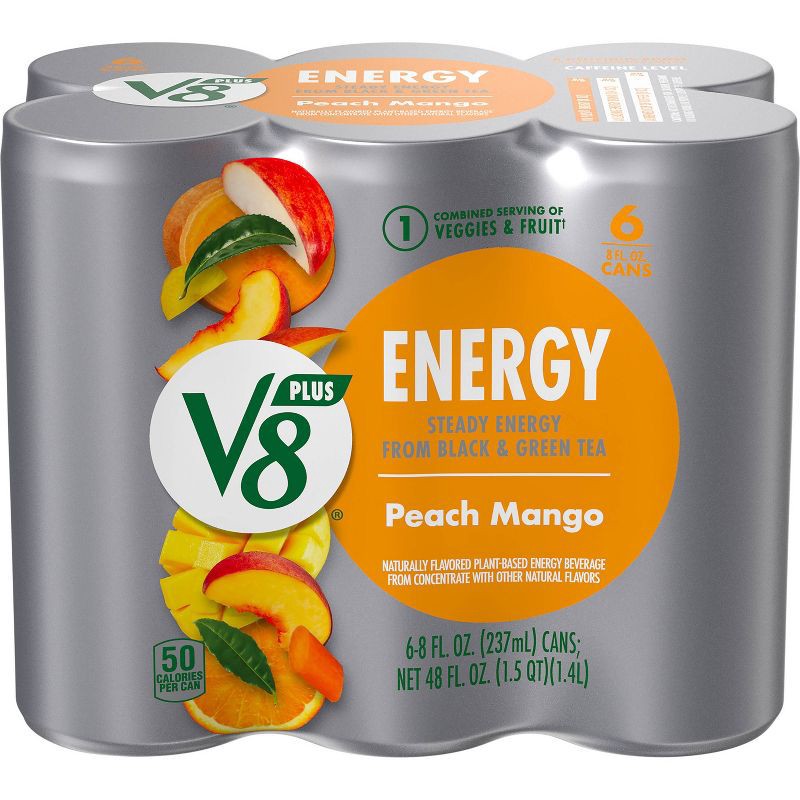 slide 1 of 8, V8 Juice V8 +ENERGY Peach Mango Energy Drink - 6pk/8 fl oz Cans, 6 ct; 8 fl oz