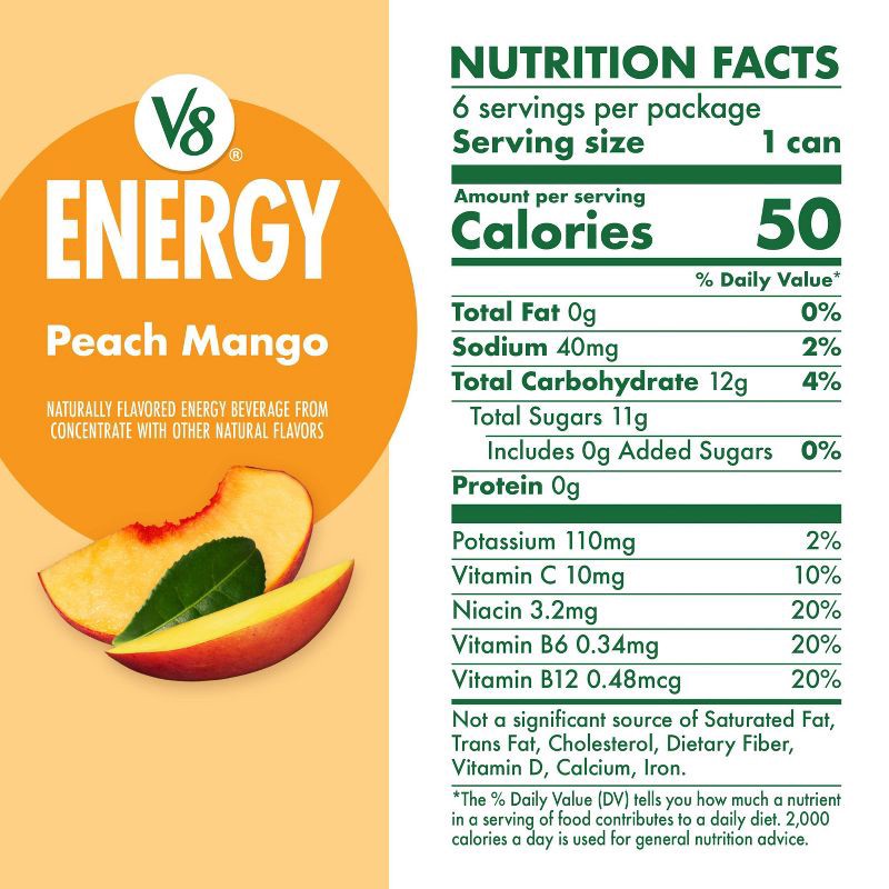 slide 7 of 9, V8 Juice V8 +ENERGY Peach Mango Energy Drink - 6pk/8 fl oz Cans, 6 ct; 8 fl oz