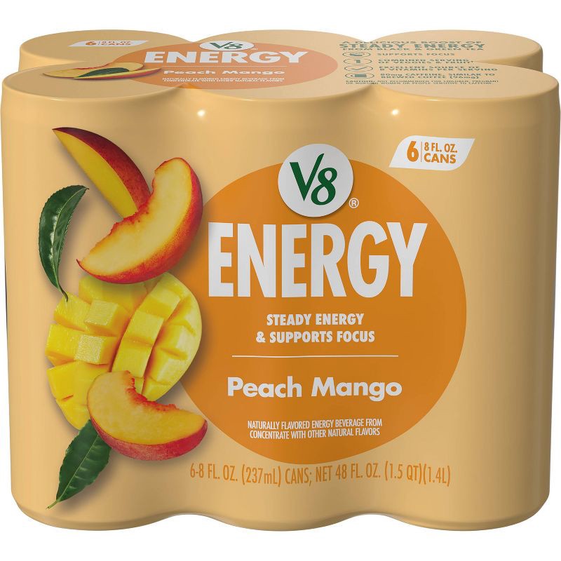 slide 1 of 9, V8 Juice V8 +ENERGY Peach Mango Energy Drink - 6pk/8 fl oz Cans, 6 ct; 8 fl oz