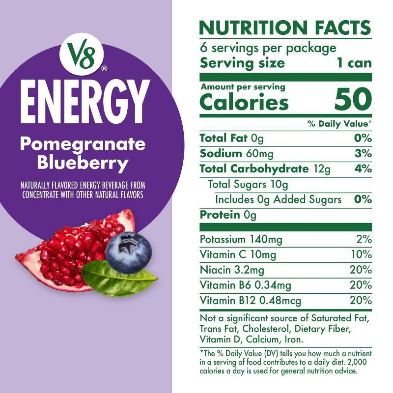 slide 7 of 9, V8 Juice V8 +ENERGY Pomegranate Blueberry Energy Drink - 6pk/8 fl oz Cans, 6 ct; 8 fl oz