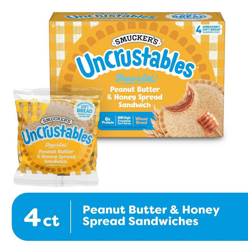 slide 3 of 10, Smucker's Uncrustables Frozen Peanut Butter & Honey Spread Sandwich - 8oz/4ct, 4 ct; 8 oz