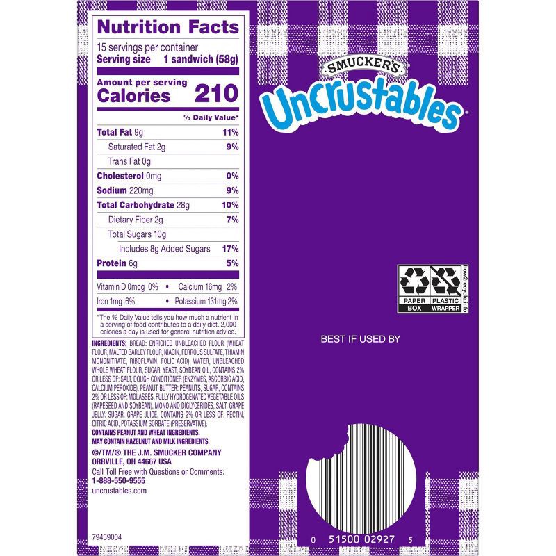 slide 7 of 10, Smucker's Uncrustables Frozen Peanut Butter & Grape Jelly Sandwich - 30oz/15ct, 30 oz, 15 ct
