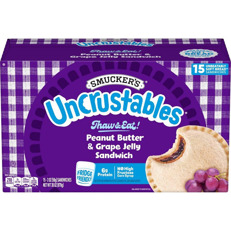 slide 1 of 10, Smucker's Uncrustables Frozen Peanut Butter & Grape Jelly Sandwich - 30oz/15ct, 30 oz, 15 ct