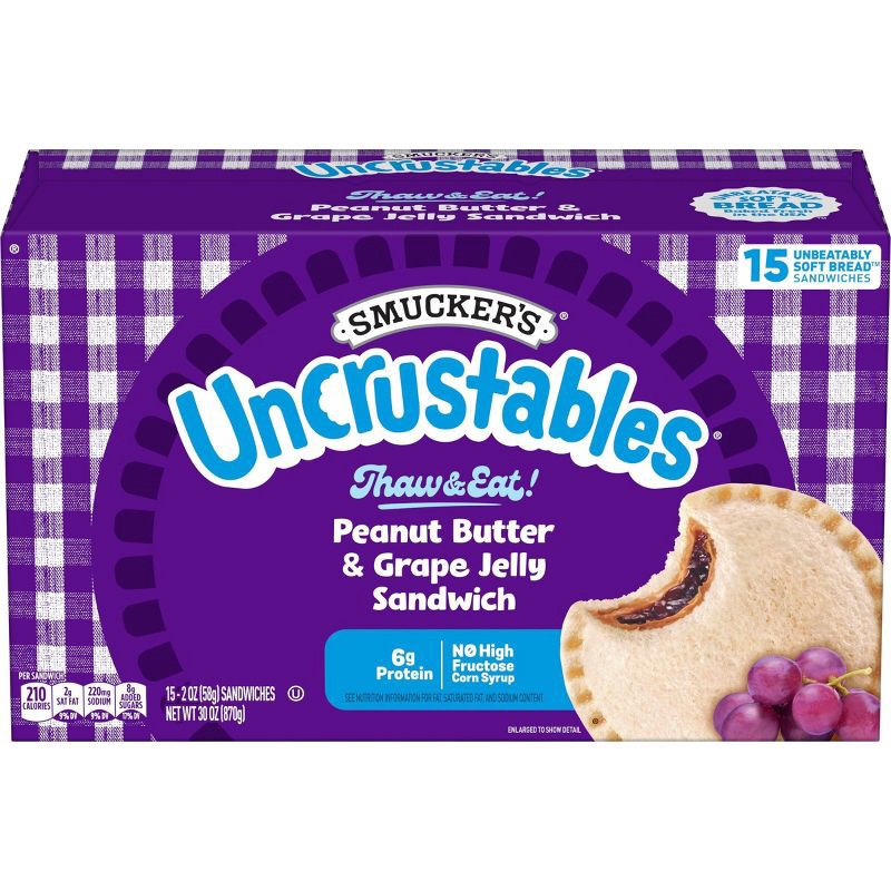 slide 1 of 9, Smucker's Uncrustables Frozen Peanut Butter & Grape Jelly Sandwich - 30oz/15ct, 30 oz, 15 ct