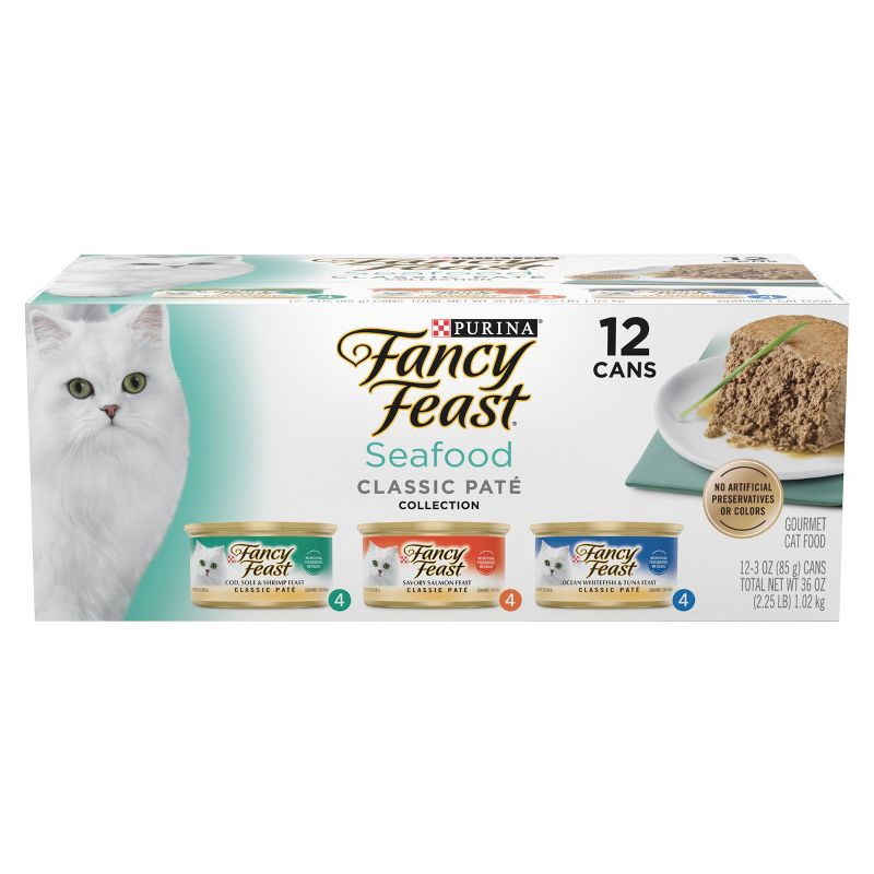 slide 1 of 8, Purina Fancy Feast Classic Paté Gourmet Tuna, Fish, Shrimp and Salmon Flavor Variety Pack Wet Cat Food - 3oz/12ct, 12 ct; 3 oz