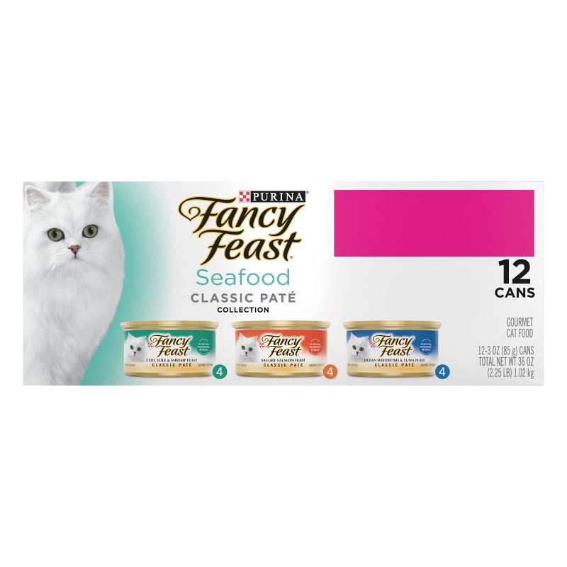 slide 3 of 8, Purina Fancy Feast Classic Paté Gourmet Tuna, Fish, Shrimp and Salmon Flavor Variety Pack Wet Cat Food - 3oz/12ct, 12 ct; 3 oz
