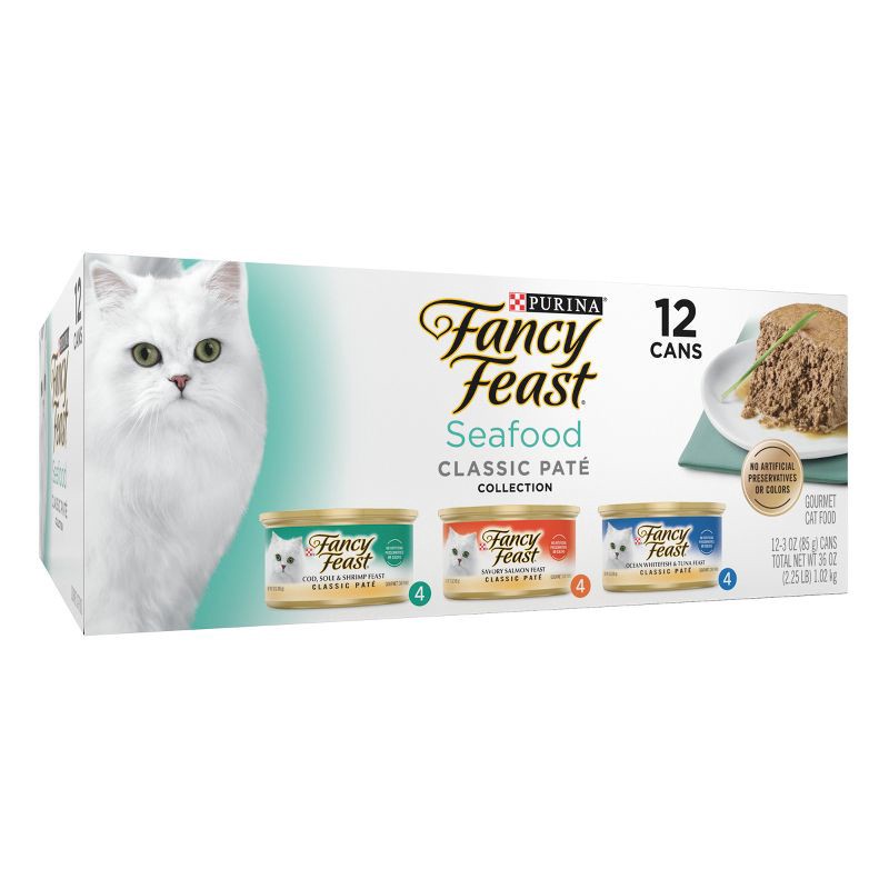 slide 4 of 8, Purina Fancy Feast Classic Paté Gourmet Tuna, Fish, Shrimp and Salmon Flavor Variety Pack Wet Cat Food - 3oz/12ct, 12 ct; 3 oz