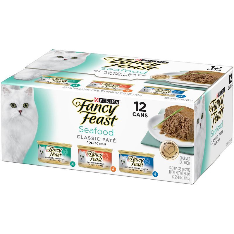 slide 6 of 8, Purina Fancy Feast Classic Paté Gourmet Tuna, Fish, Shrimp and Salmon Flavor Variety Pack Wet Cat Food - 3oz/12ct, 12 ct; 3 oz