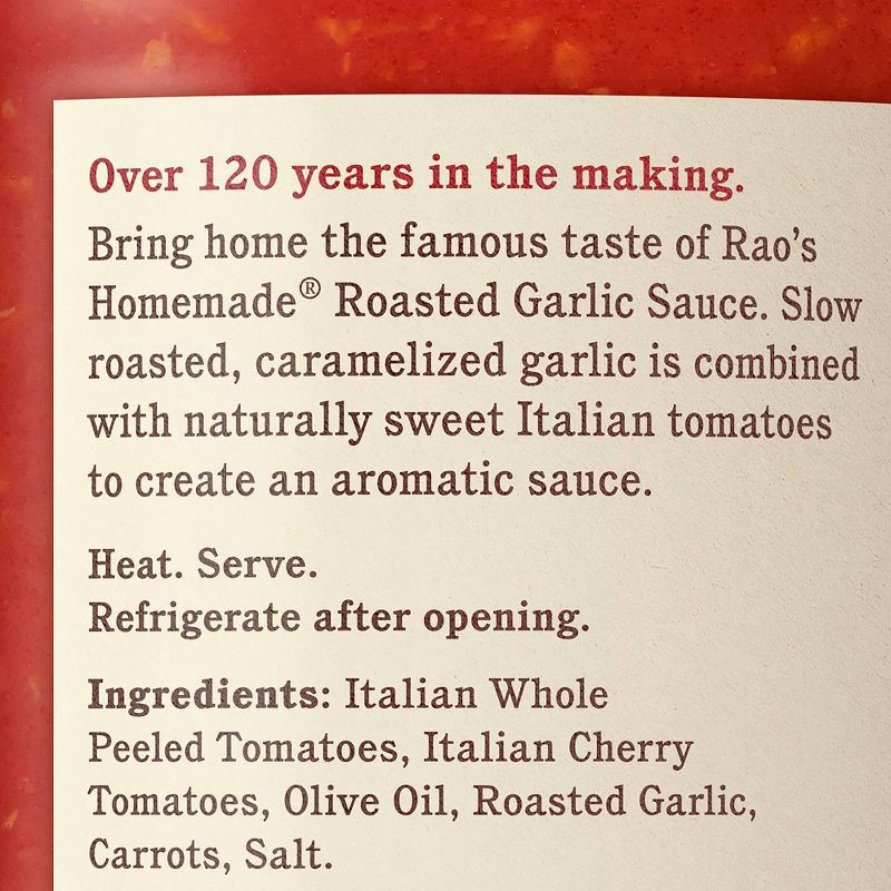 slide 5 of 6, Rao's Homemade Roasted Garlic Tomato Sauce Premium Quality All Natural Tomato Sauce & Pasta Sauce Keto Friendly & Carb Conscious - 24oz, 24 oz