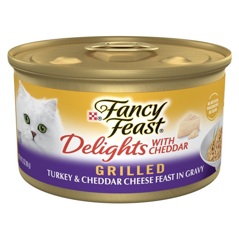 slide 1 of 10, Purina Fancy Feast Delights with Cheddar Grilled Gourmet Wet Cat Food Turkey & Cheddar Cheese Feast In Gravy - 3oz, 3 oz