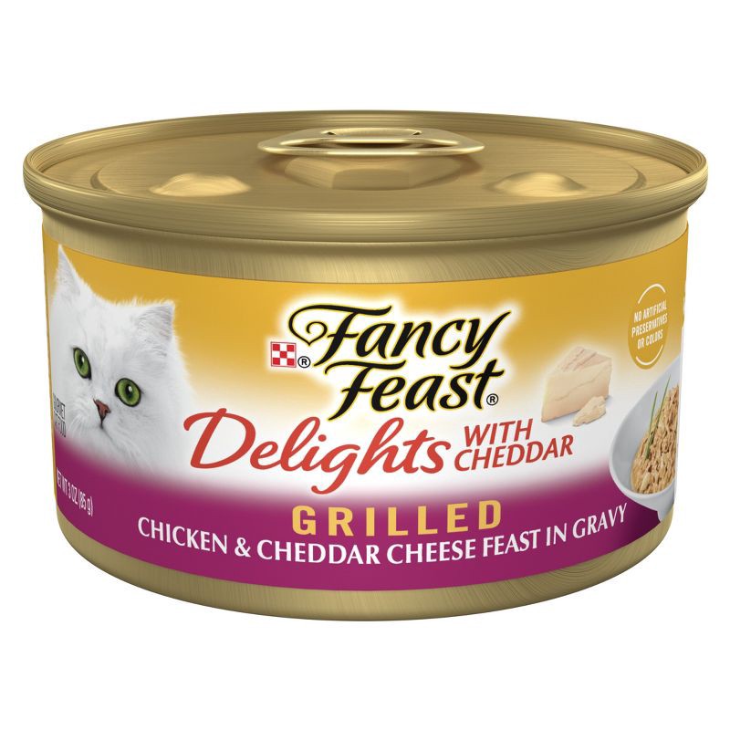 slide 1 of 10, Purina Fancy Feast Delights with Cheddar Grilled Gourmet Wet Cat Food Chicken & Cheddar Cheese Feast In Gravy - 3oz, 3 oz