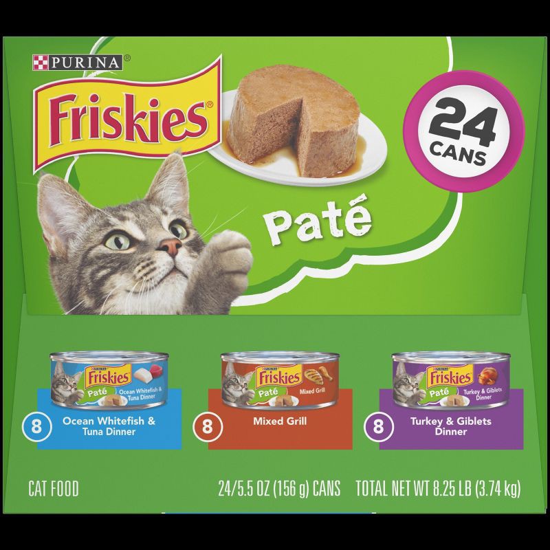 slide 9 of 9, Purina Friskies Paté Wet Cat Food Fish, Tuna, Mixed Grill & Turkey - 5.5oz/24ct Variety Pack, 24 ct; 5.5 oz