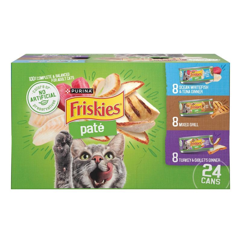 slide 1 of 9, Purina Friskies Paté Wet Cat Food Fish, Tuna, Mixed Grill & Turkey - 5.5oz/24ct Variety Pack, 24 ct; 5.5 oz