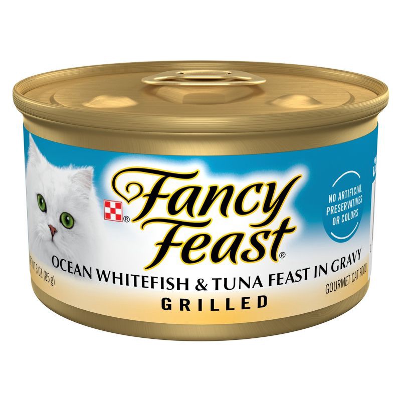 slide 1 of 10, Purina Fancy Feast Grilled Gourmet Wet Cat Food Ocean White Fish & Tuna Feast In Gravy - 3oz, 3 oz