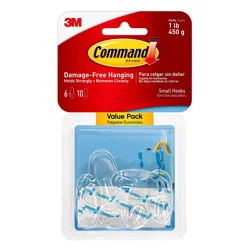 Command Small Sized Decorative Hooks Value Clear: Adhesive Plastic Hooks, 6 Pack, 1 lb Capacity, Small Command Strips
