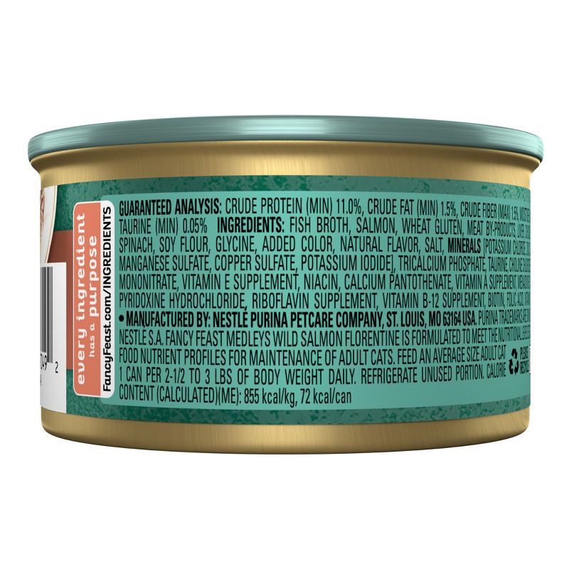 slide 2 of 9, Purina Fancy Feast Medleys In a Delicate Sauce Gourmet Fish Flavor Wet Cat Food Wild Salmon Florentine with Garden Greens - 3oz, 3 oz