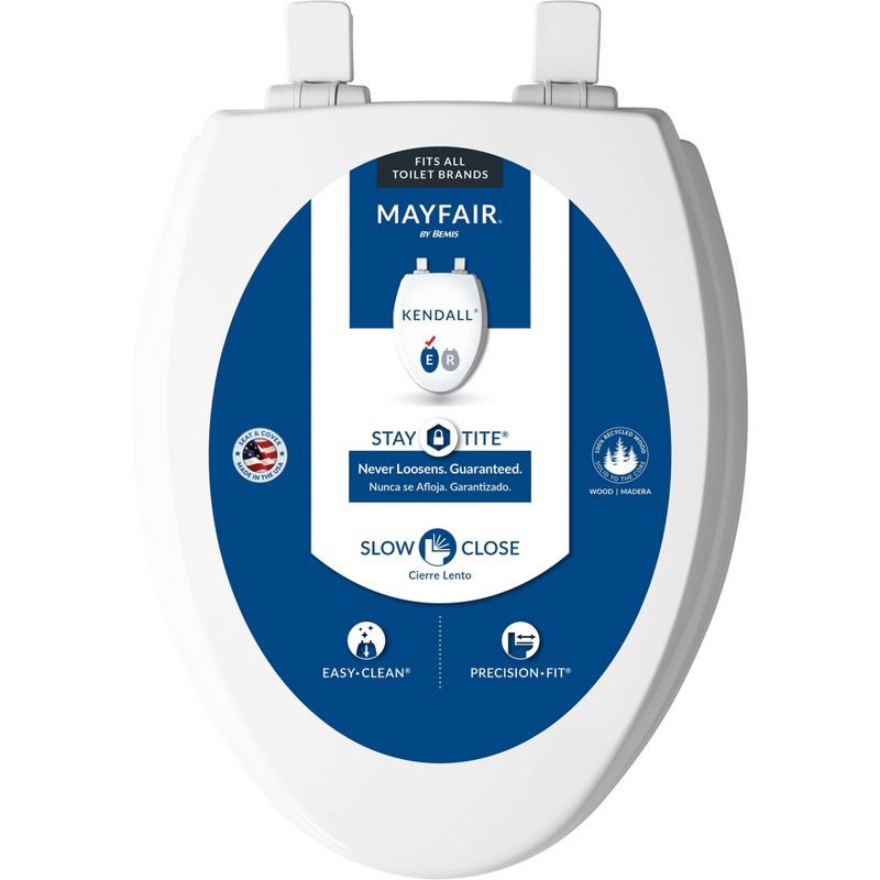 slide 1 of 9, Kendall Never Loosens Elongated Enameled Wood Toilet Seat with Easy Cleaning Whisper Close White - Mayfair by Bemis, 1 ct